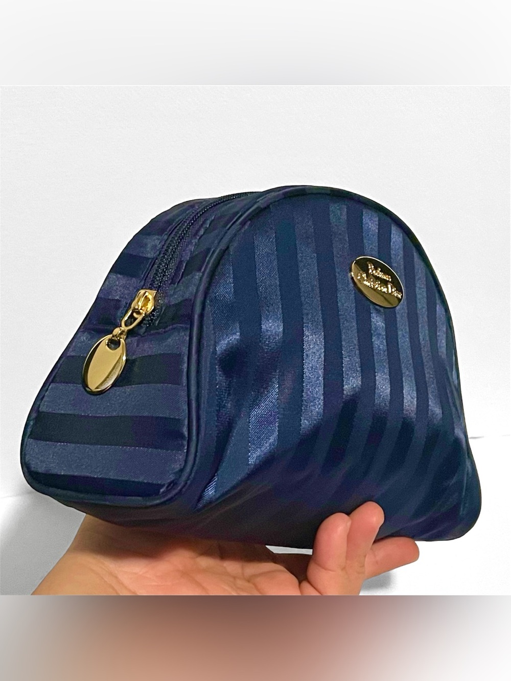 Christian Dior Parfums Satin Navy Blue Striped Crescent Cosmetic Pouch